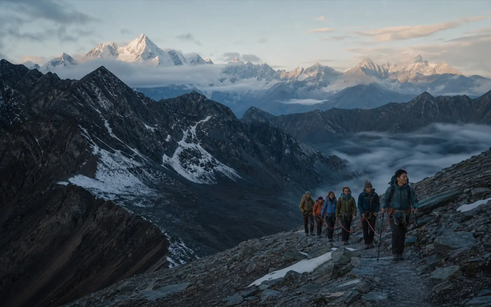 A guided hiking group crossing a high mountain pass in western China at dawn